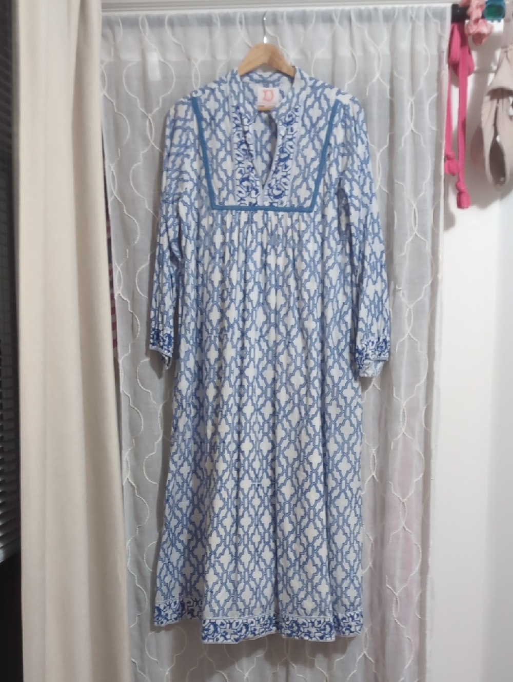 Victoria Dunn East Bay Maxi Blue White Trellis Cotton Blockprint Dress S 🩷